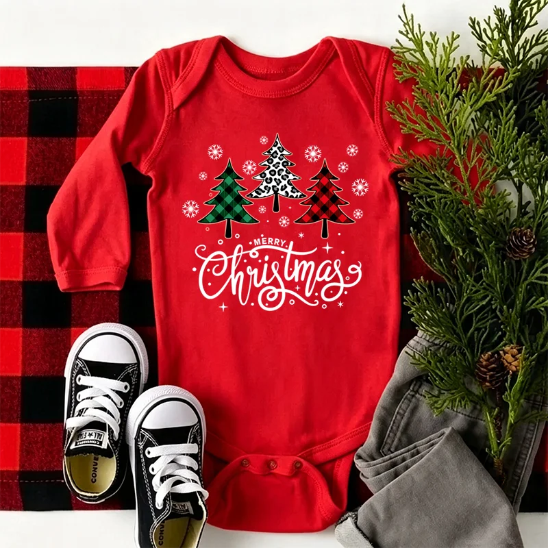 Merry Christmas Baby Short Sleeve Bodysuit Red Plaid Leopard Christmas Tree Print Newborn Onesie Infant Romper