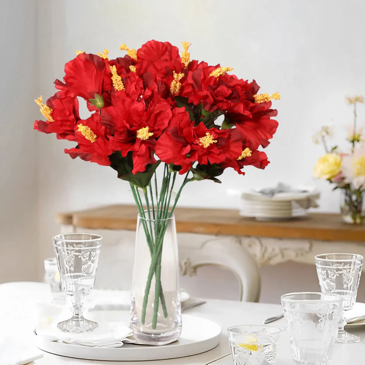 XIYA FLOWER Rot Weiß Künstlicher Hibiskusstrauß Künstliche Pflanzen Blumen PE-Material Grün Party Deko Home Deco