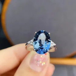 Natural Topaz Ring Deep London Blue for Women Party Big Gemstone 10x14mm Fine Jewelry High Quality S925 Silver