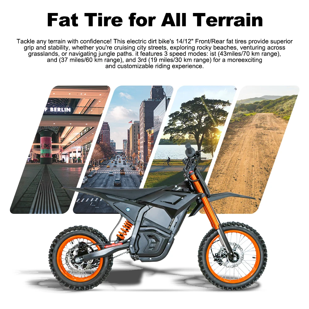 Electric Motocross Bike 3000W, 28Mph, 50 Miles, Urban Commuting Off-Road Electric Bike, 14" 48V 21AH, Full Suspension