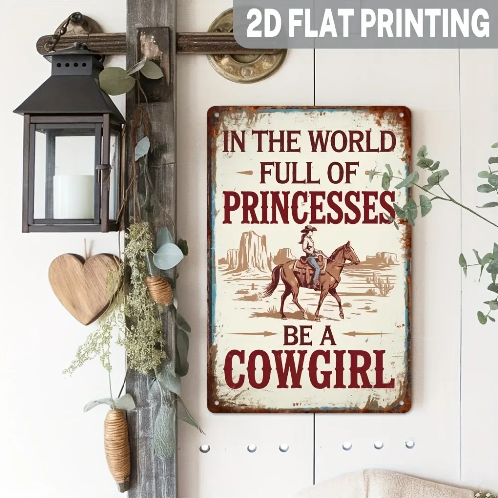 Western-Style Inspirational Metal Sign, a Wall Decoration with a Cowboy Girl and World Princess Theme That Embraces Your Inner World, Suitable for Bedrooms, Farmhouses, or Offices