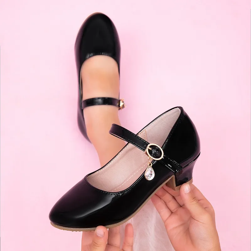 Girls Leather Shoes Spring Autumn Non-slip Kids Wedding Party Shoes Catwalk Fashion Elegant Children Princess Causal High Heels