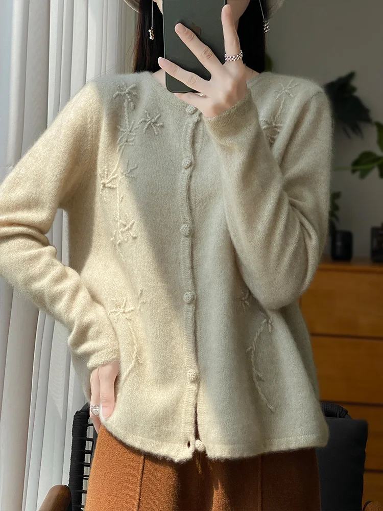 Women Sweater Cardigans O-neck 100% Merino Wool Knitwear Chinese Style Embroider Cashmere Vintage Grace Soft Spring Autumn Tops