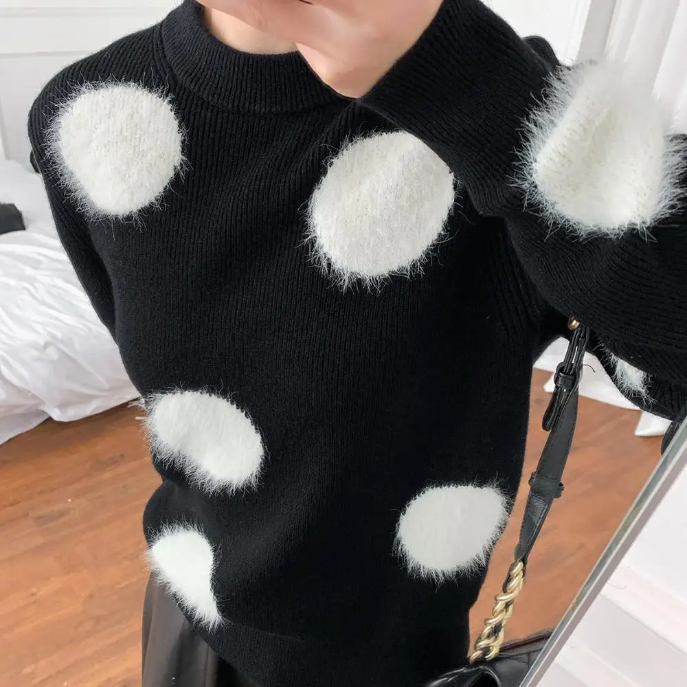 White Dot Wool Blend Polka Dot Knitted Black Sweater Pullovers Designer Brand Fashion Casual O-Neck Jumper 2024 Spring New