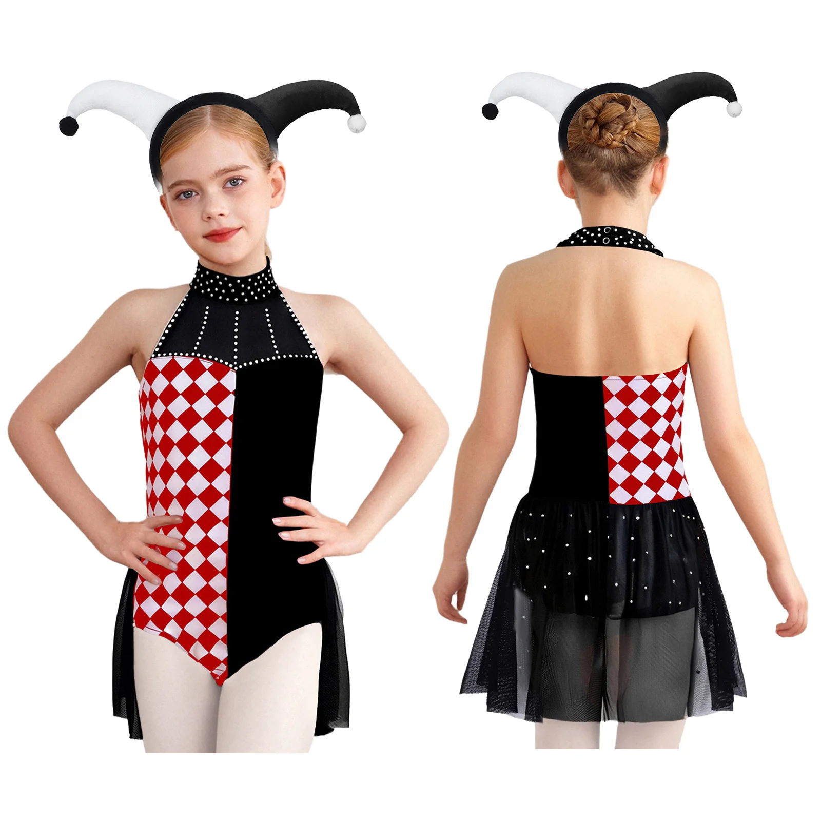 فستان الجوكر المضحك للفتيات على شكل مهرج السيرك بدون أكمام من شبكة حجر الراين مع أغطية للرأس لحفلات الهالوين كرنفال #3