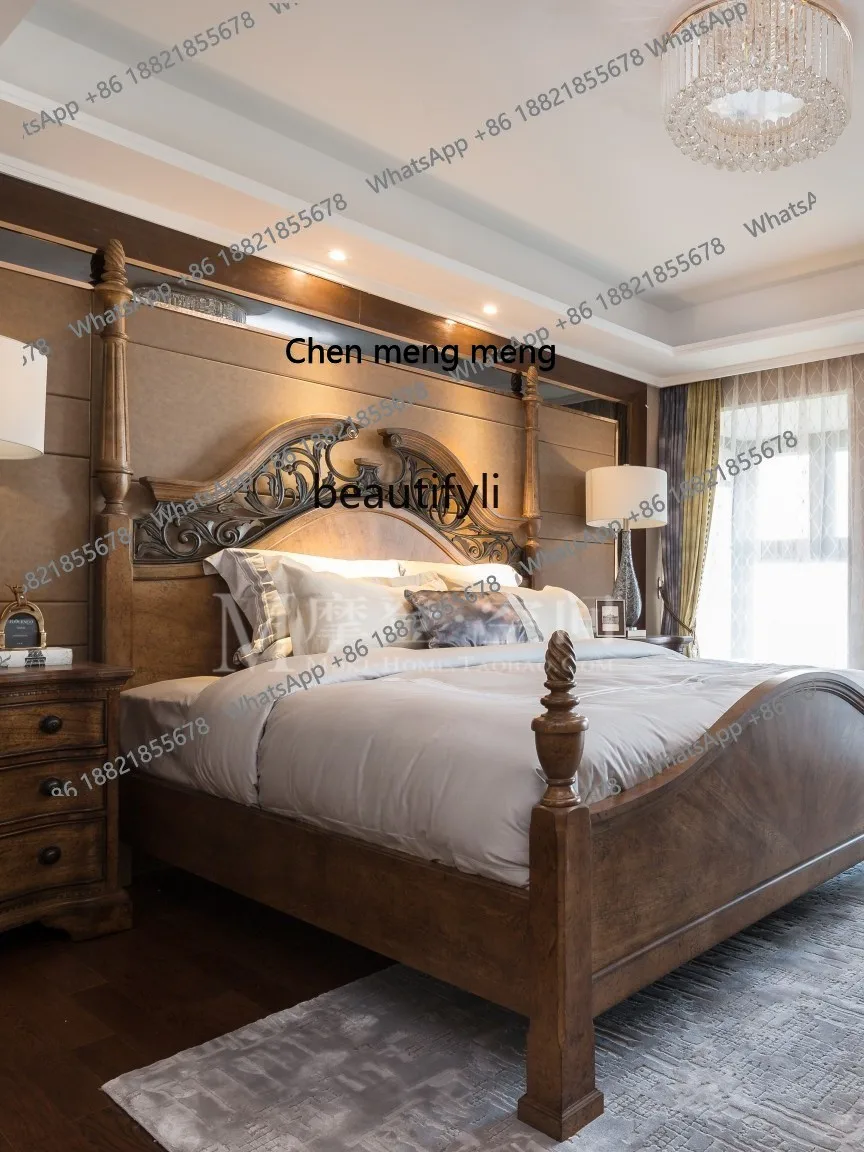 

American Light Luxury Solid Wood Wrought Iron Carved High Back Double Bed Distressed Four-Column Marriage Bed Furniture