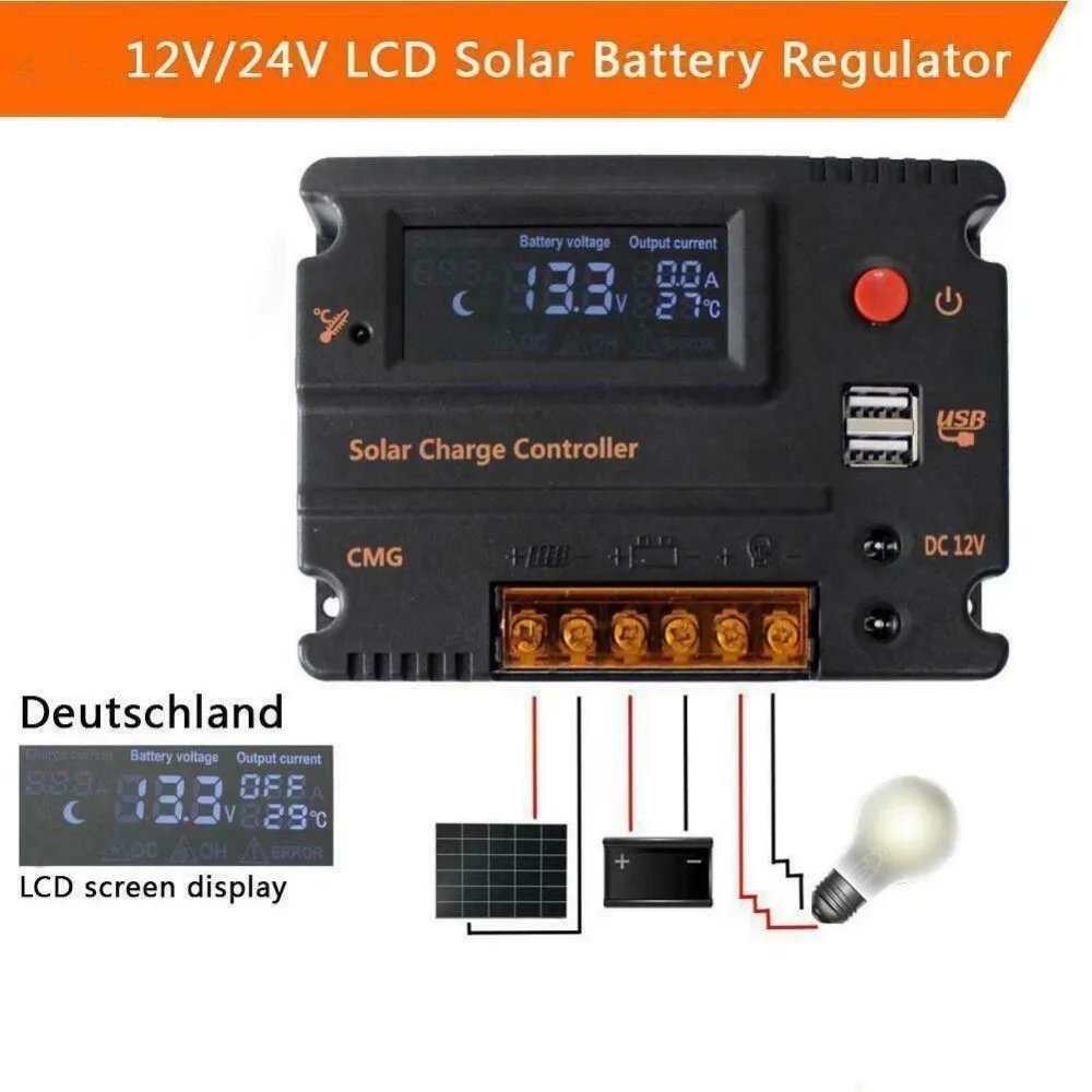 1PCS 10A 20A Solar Charge Controller LCD Solar Panel Regulator 12V 24V Auto 2-USB