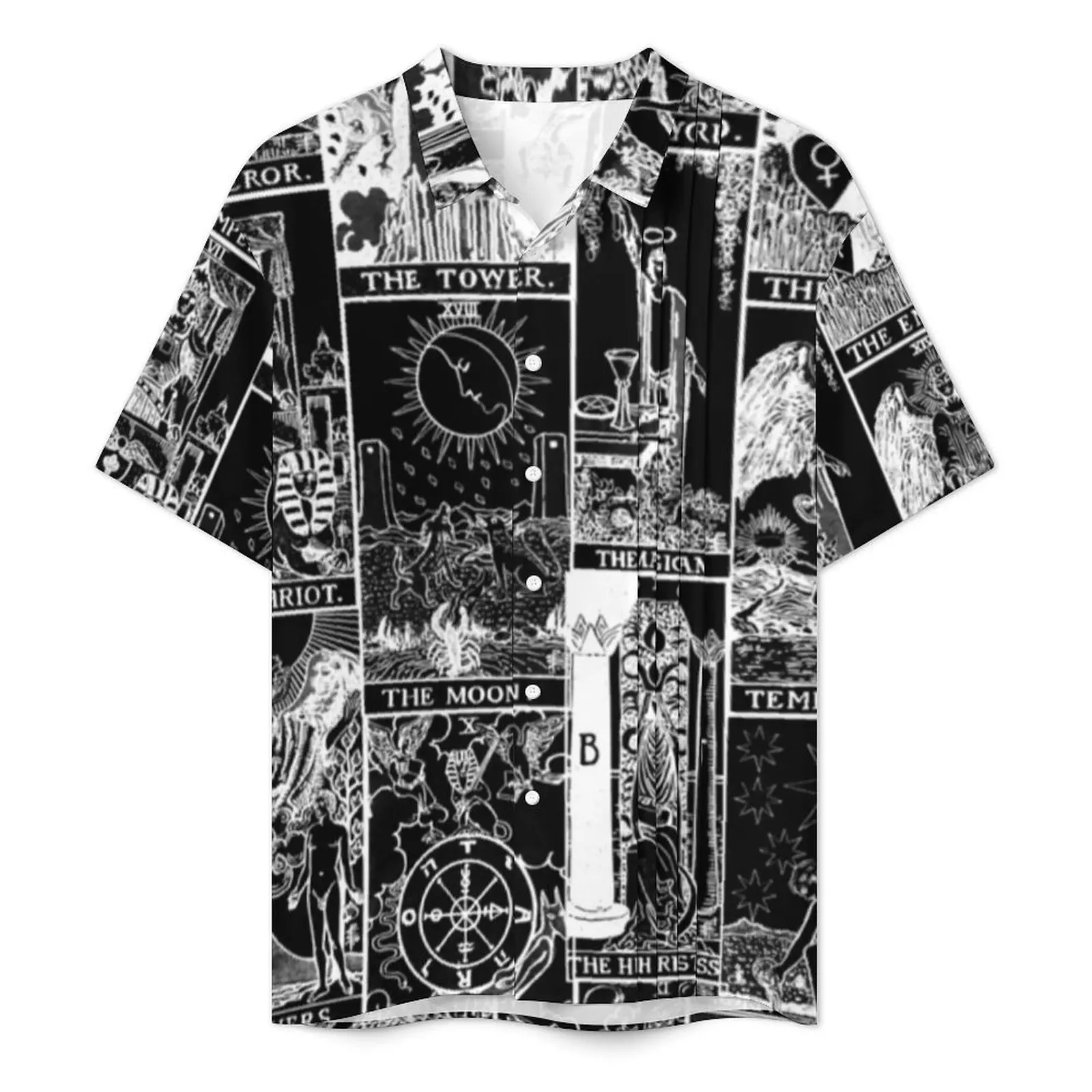 Tarot Patchwork Casual Shirt Black And White Print Elegant Summer Shirts Mens Short-Sleeved Beach Funny Pattern Oversize Blouses