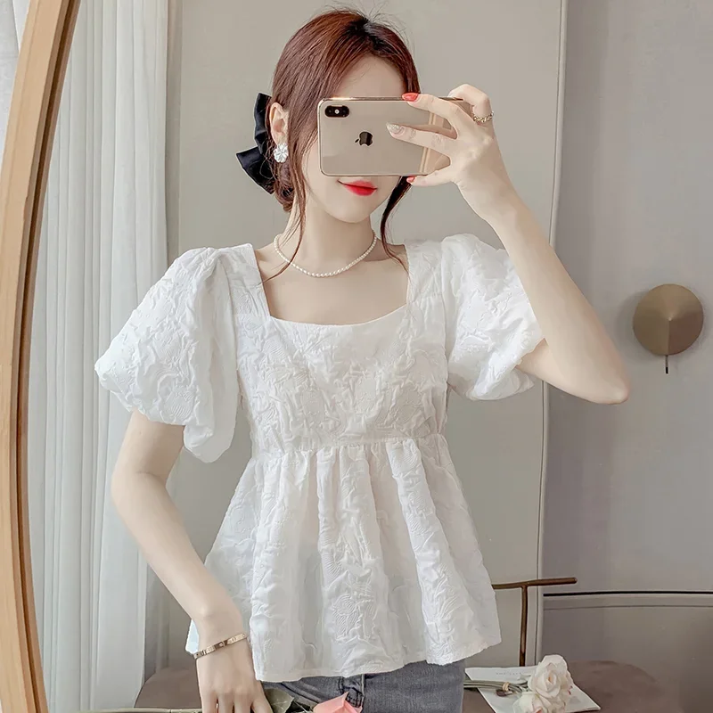 Simplicity Sweet Summer Women's Square Collar Solid Three-dimensional Decoration Korean Short Sleeve Slim Chiffon Shirt Tops