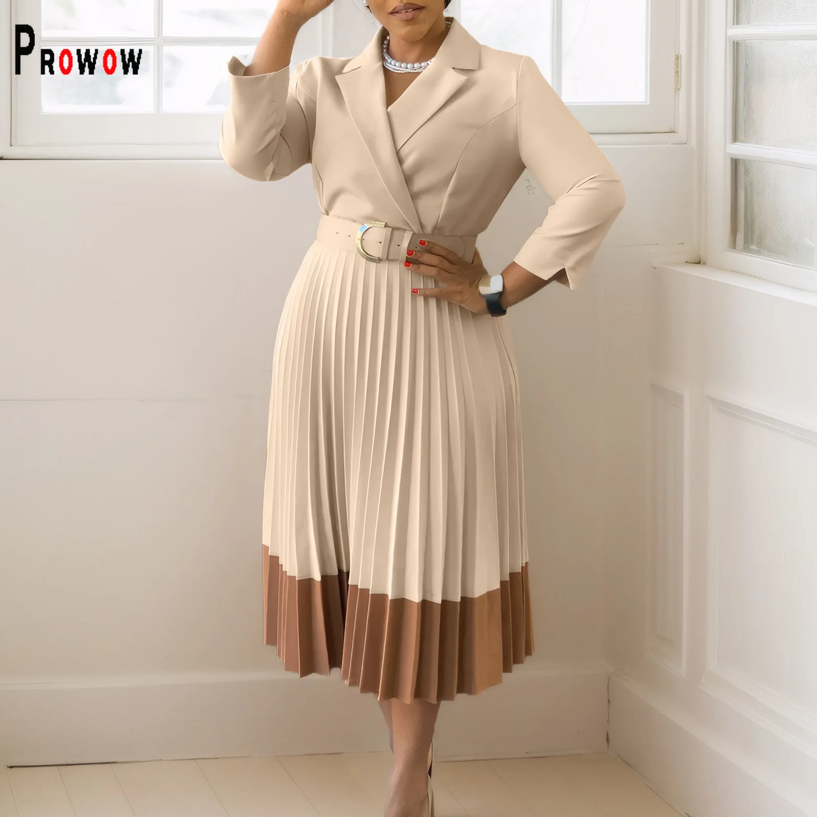 

Prowow Fashion Women's Dress with Belt Slim Fit A-line Pleated Office Lady Outfits Patchwork Color Hemline Female Clothing