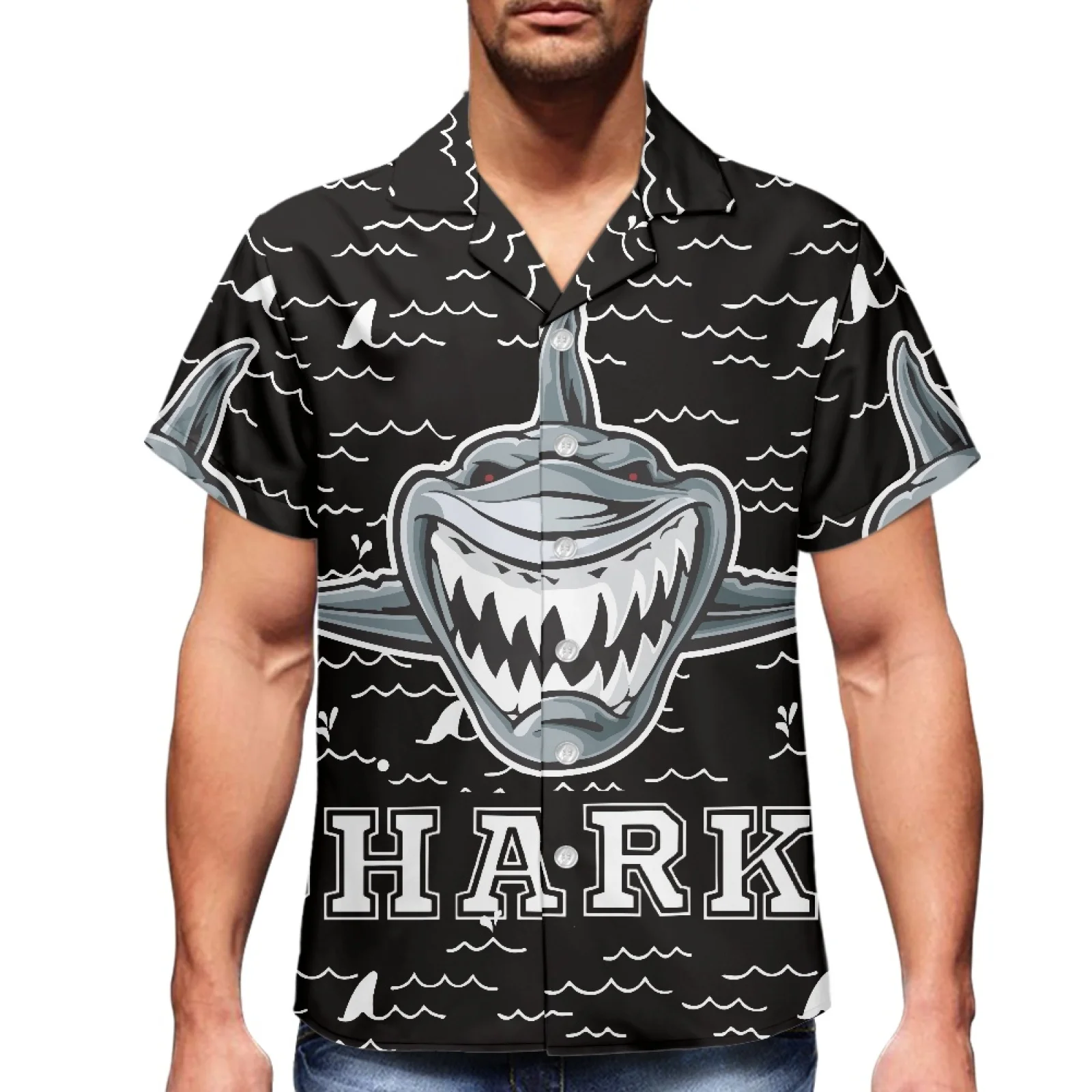 

Powerful Printed Shark Cartoon Hawaiian Style Luxury Men's Summer V-Neck Short Sleeve Men's Sports Travel Men's Slim Fit Shirt