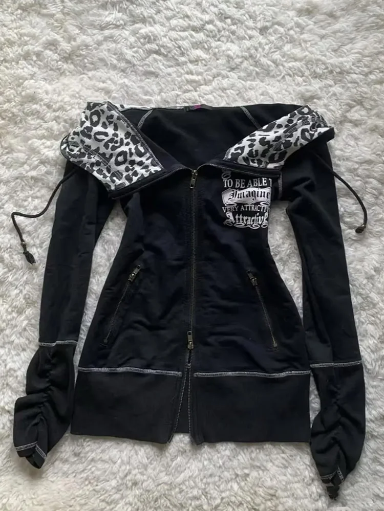 Herbst Winter Damen Y2K Gothic Zip-Up Hoodie mit Leopardenfutter, Totenkopf- und Buchstabendruck, Slim Fit, Langarm, Streetwear, mit Kapuze – Detail 4