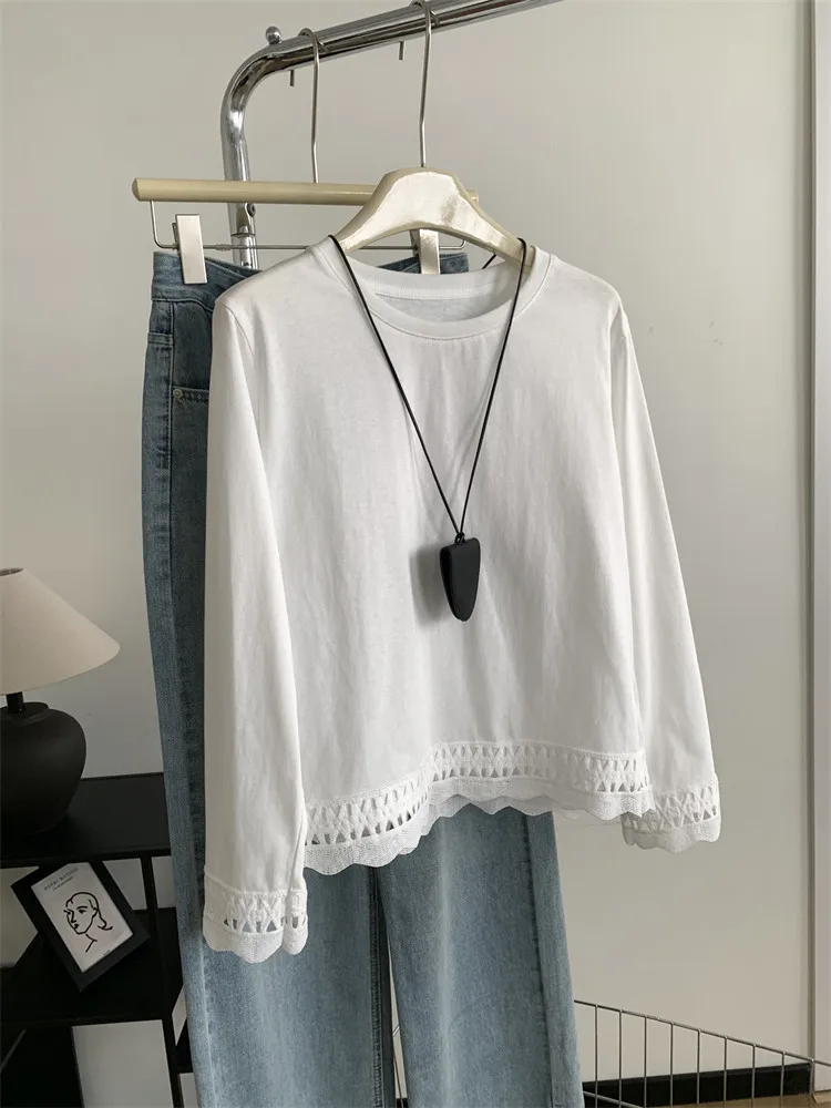 

plus Size Women's Long Sleeve T-Shirt Lace Trim Loose Fit Korean Style Spring Autumn White Casual Comfortable Cotton Top