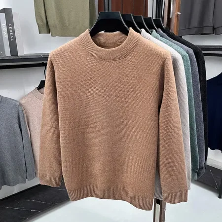 Autumn Male Round Neck Knitted Jumper Long Sleeve Rib Trim Comfortable Elastic Knitwear Office Commute Casual Outfit