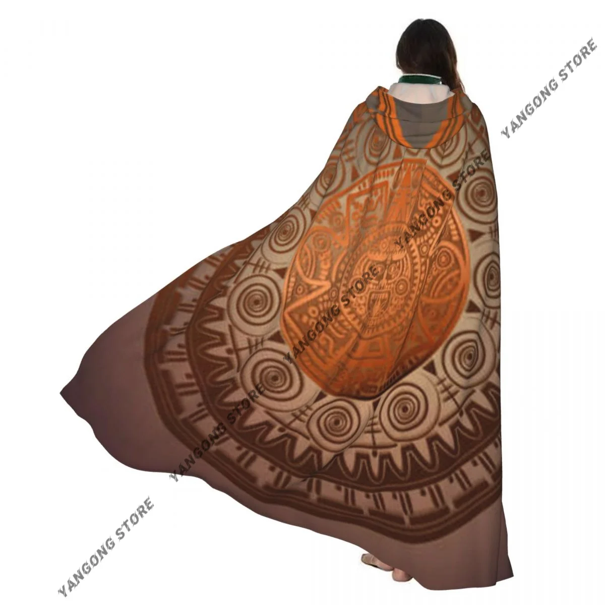 

Adult Vampire Cape Hooded Robe Sacred Aztec Wheel Calendar Mayan Sun God Halloween Cloak Full Length Cosplay
