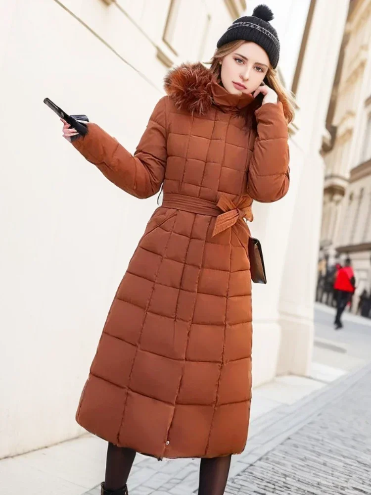 Winter Jacket Women Warm Oversize Padded Black Parkas Long Quilted Tops Coat Women\'s New with Hood Fur Belt Thick Jackets 2024