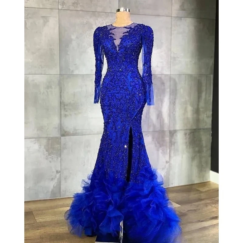 Niebieska koronkowa suknia wieczorowa damska, luksusowa, zdobiona koralikami, syreni krój, elegancka suknia balowa z dekoltem w serek, długi rękaw, możliwość personalizacji.