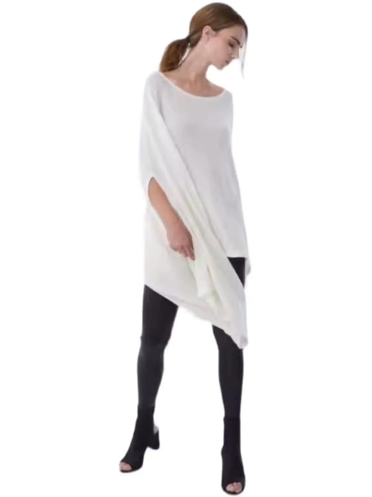 

Летняя тонкая однотонная свободная женская одежда с круглым вырезом и разрезом, черная, для сценических выступлений, модная, стройнящая фигуру