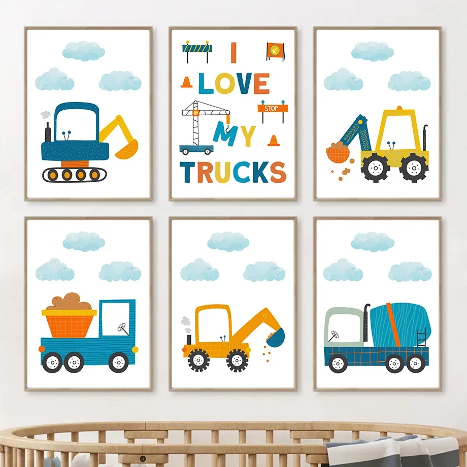 Modern Cartoon Crane Excavator Dump Truck Nursery Wall Art Canvas Painting Nordic Posters & Prints Pictures Baby Kids Room Decor