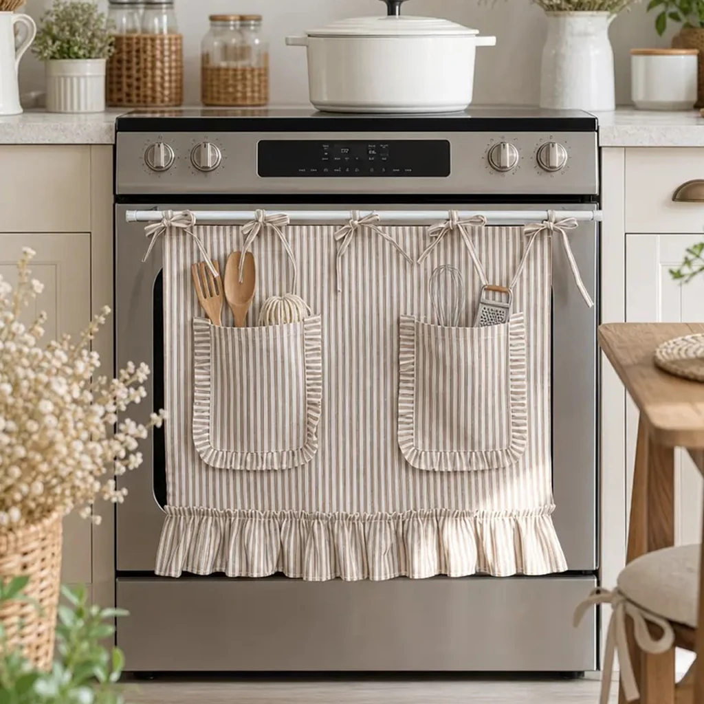 Oven Skirt Curtain Tie Top Striped Oven Door Cover Curtain with Storage Pockets Under Sink Curtain for Kitchen Stove Front