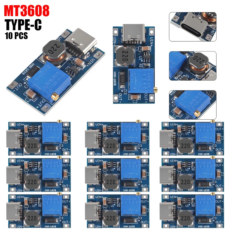 10PCS Type-C MT3608 DC-DC Boost Converter 2A Adjustable Step Up Module Voltage Regulator Board 2V-24V to 5/9/12/28V for Arduino