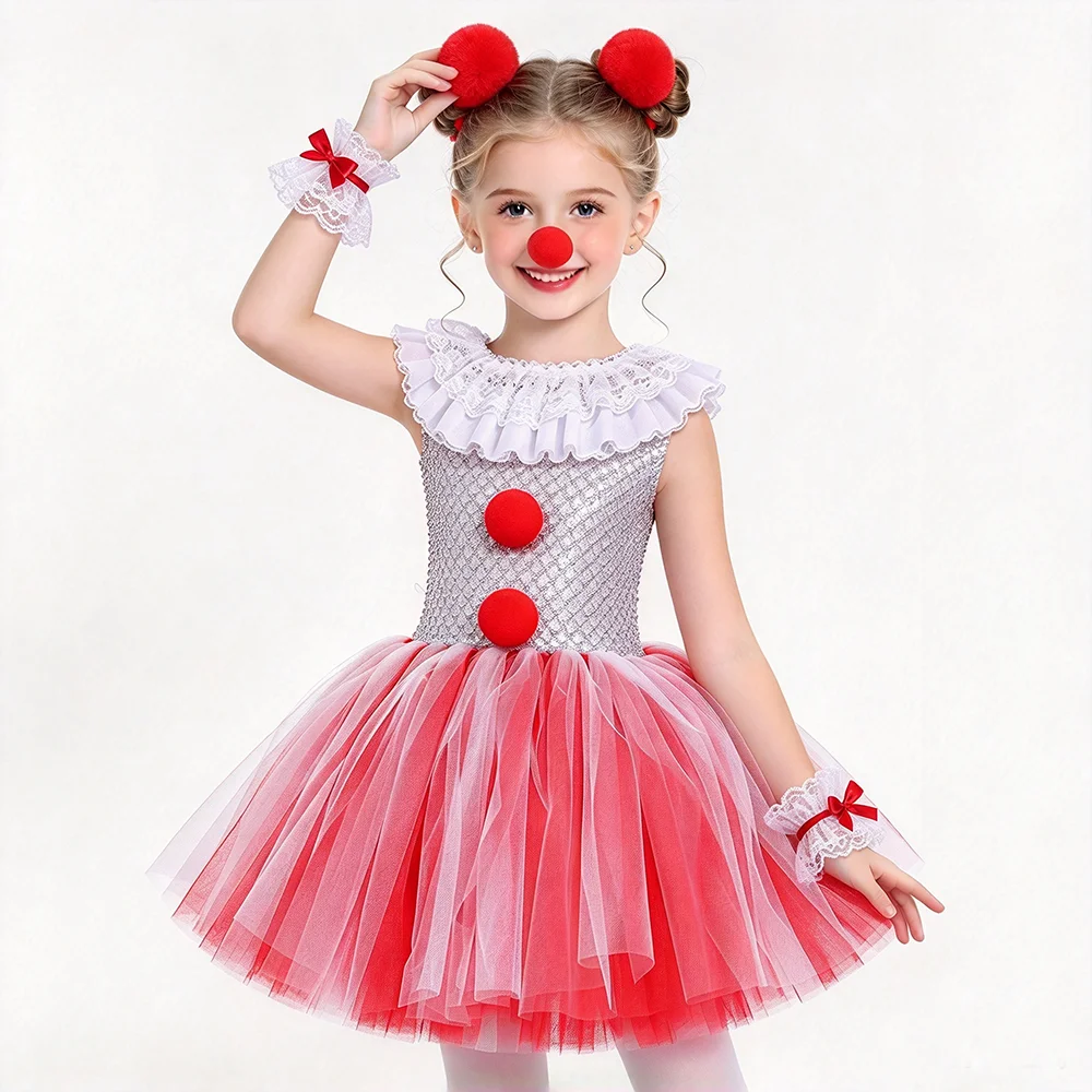 Red Grey Clown Costume for Girls Halloween Carnival Tutu Dress with Lace Collar Kids Outfit with Pompom Hair Ties & Clown Nose