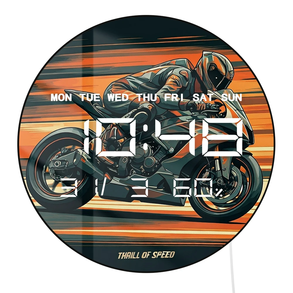 Thrill Of Speed Motorcyclist Electronic Wall Clock with Temperature Humidity Calendar Date Large Display LED Digital Wall Clock