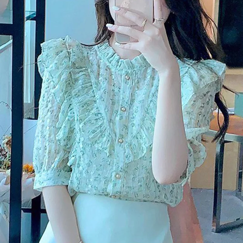 Sweet Loose Printed Button Spliced Ruffles Chiffon Shirt Women Clothing 2023 Summer New Casual Tops All-match Office Lady Blouse