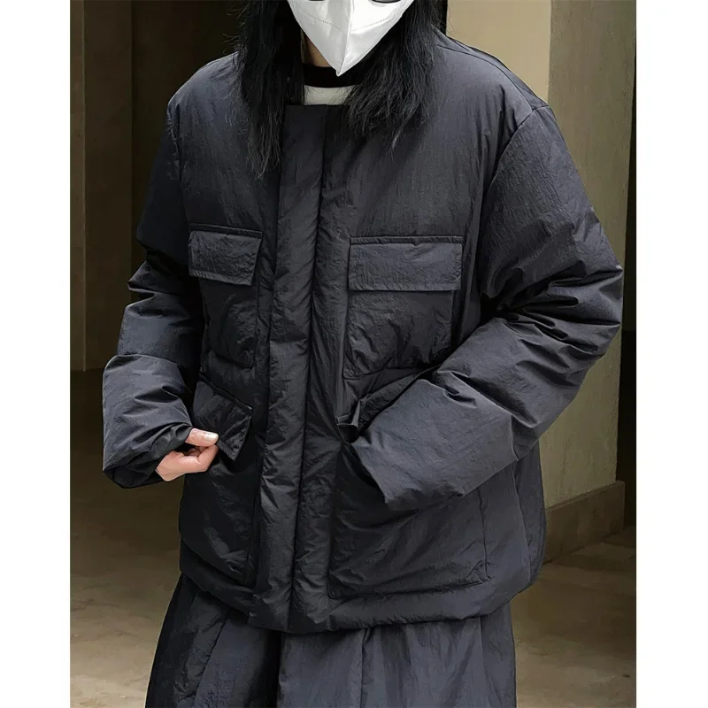 Women Round Neck Bread Down Jackets Pocket Warm Loose Casual Black Coats Military Uniform Element White Duck Clothing Light Tops
