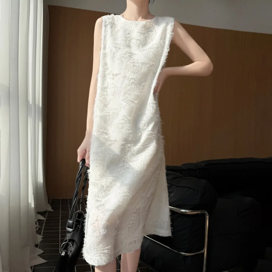 

【New style】French light luxury tassel cut dress, women's V-neck sleeveless medium and long slimming temperament, white H-shaped
