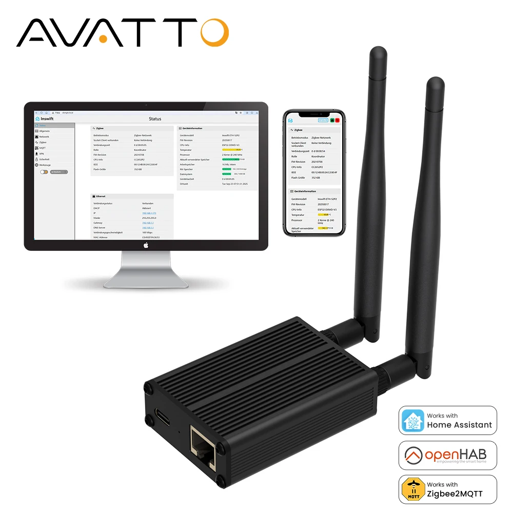 

AVATTO ZigBee 3.0 Dongle к координатору шлюзу Ethernet, USB и WiFi, работает с Zigbee2MQTT, домашний помощник, ZHA