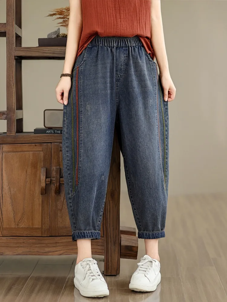 

Retro Full Cotton Washed Denim Pants Women's Spring Summer Elastic Waist Patchwork Dad Harlan Blue Straight Leg Trousers