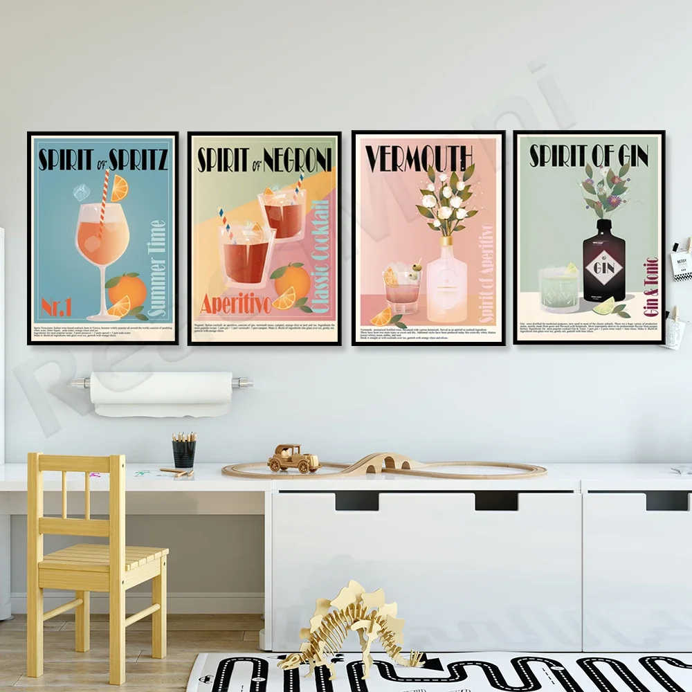 Gin, Absinthe, Negroni Cocktail Print, Cocktail Recipe, Spritz Spirit, Kitchen Bar Decor Wall Art Print Vintage Poster