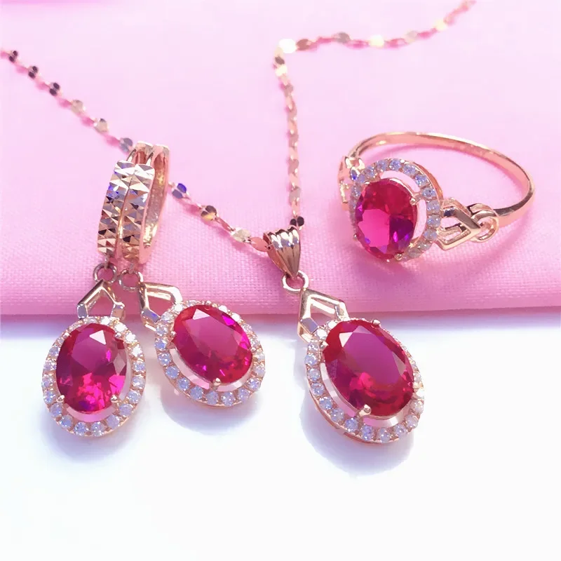 Delicate Ruby Jewelry Set Earrings for Women Plated 14k Rose Gold Classic Elegant Sweet Engagement Rings Necklaces