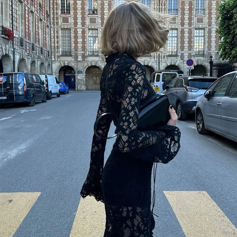 Vestido de encaje francés transparente con lazo para mujer, vestido de verano ajustado con abertura larga de Jacquard de manga larga, Vestidos de noche sexis elegantes para fiesta