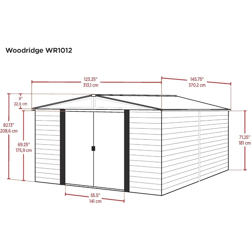 Cobertizo grande de acero de 10X12, cobertizo de madera estilo techo de pared de montaña alta con puertas correderas y sala de almacenamiento al aire libre