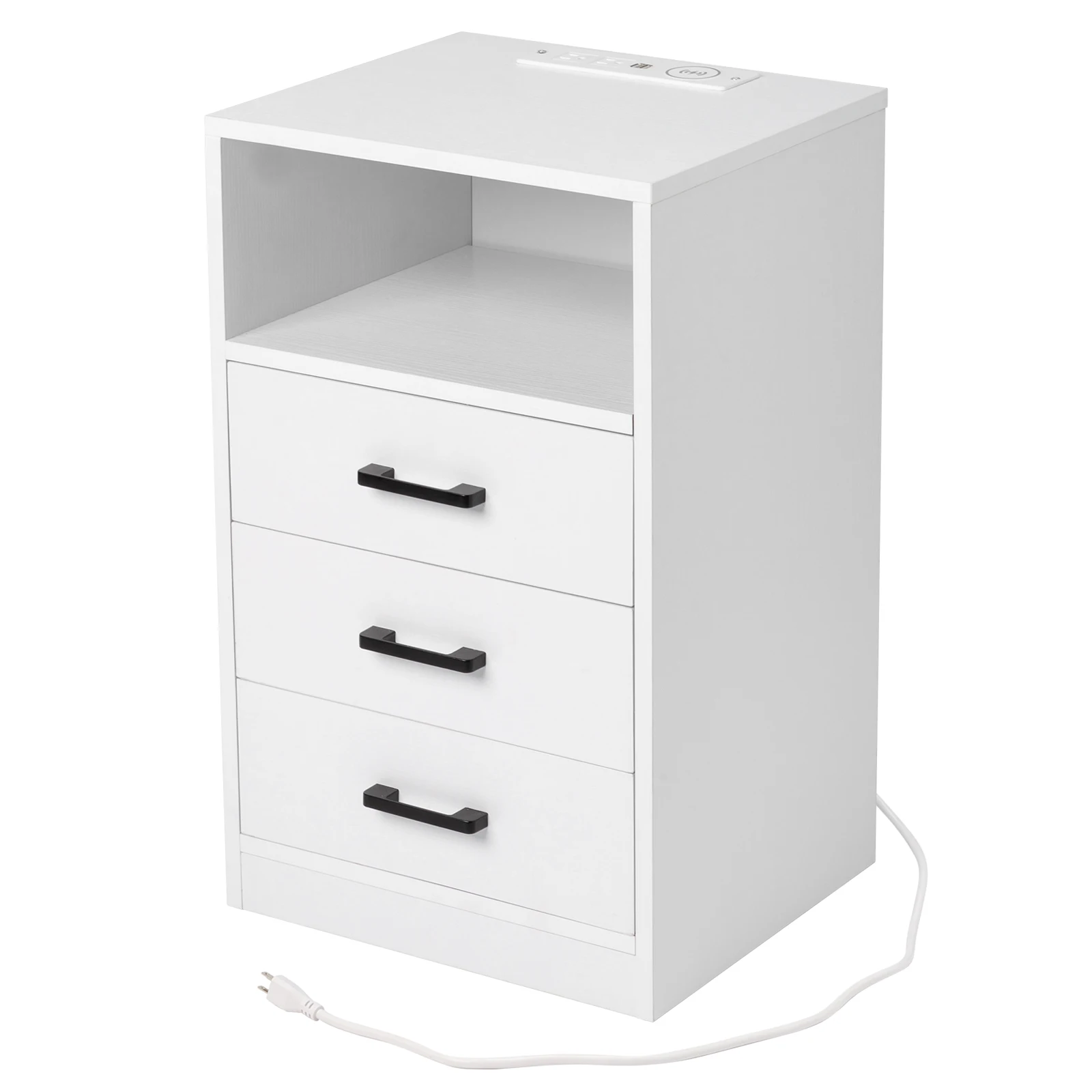 40*35*65cm Particleboard Pasted Triamine Three Drawers With Socket With LED Light Bedside Table White