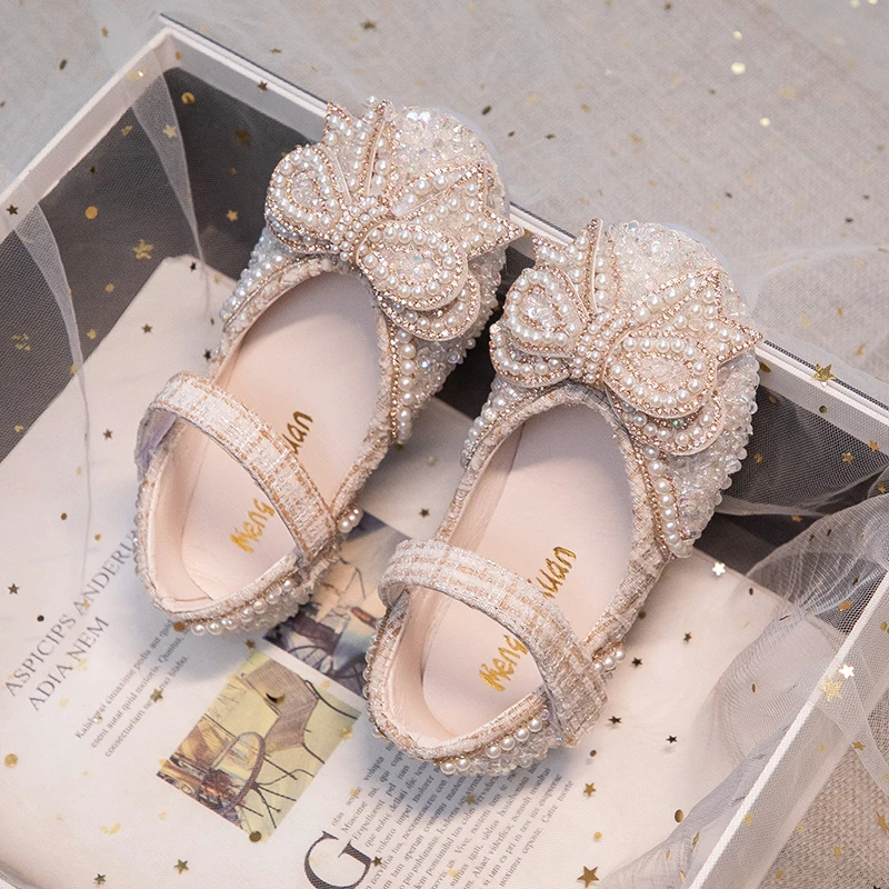 2023 New Simple Non-slip Girls Mary Janes Bow with Pearls Shallow Platform Elegant Princess Versatile Shoes Chic Free Shipping