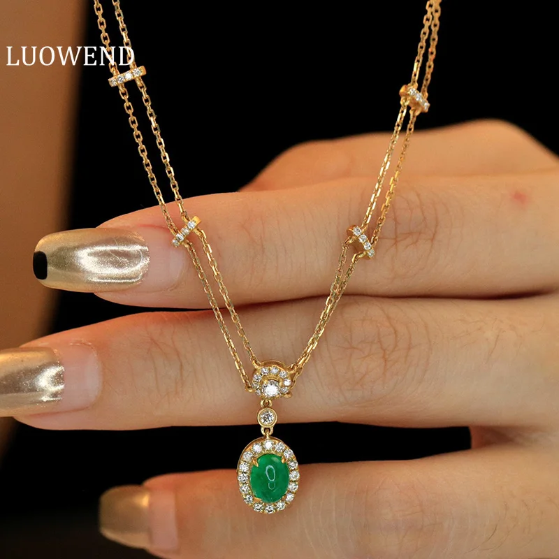 LUOWEND 18K Yellow Gold Necklace Real Natural Emerald Luxury Diamond Gemstone Pendant Necklace for Women High Party Jewelry