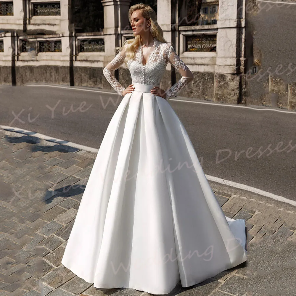 Generoso A Line Abiti da sposa da donna Applicazioni in pizzo Abiti da sposa Sexy scollo a V Manica intera Principessa Vestido De Noivas personalizzato