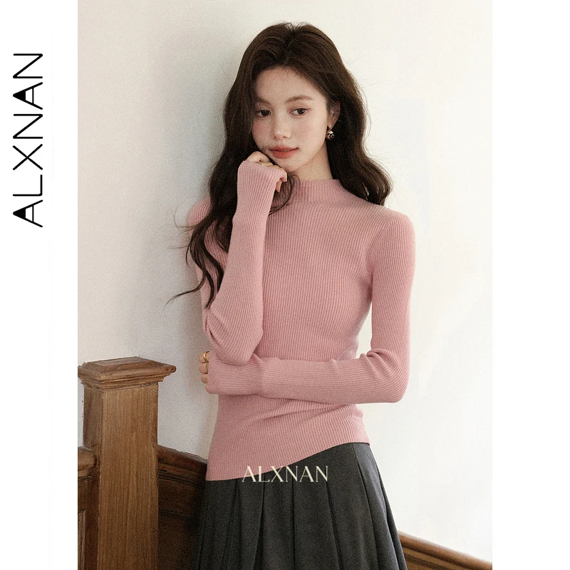 ALXNAN Damen-Strickpullover, einfarbig, lange Ärmel, normale Schulter, halbhoher Ausschnitt, 2025, neues Herbst-Schlankheits-Layering-Top L57570-1