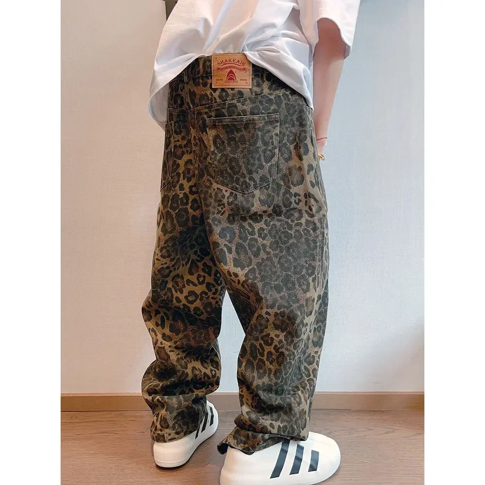Men Splice Button Pocket Wide Leg Pants Floor Length Cargo Pant Leopard Print Loose Casual Straight Trousers Autumn Winter New