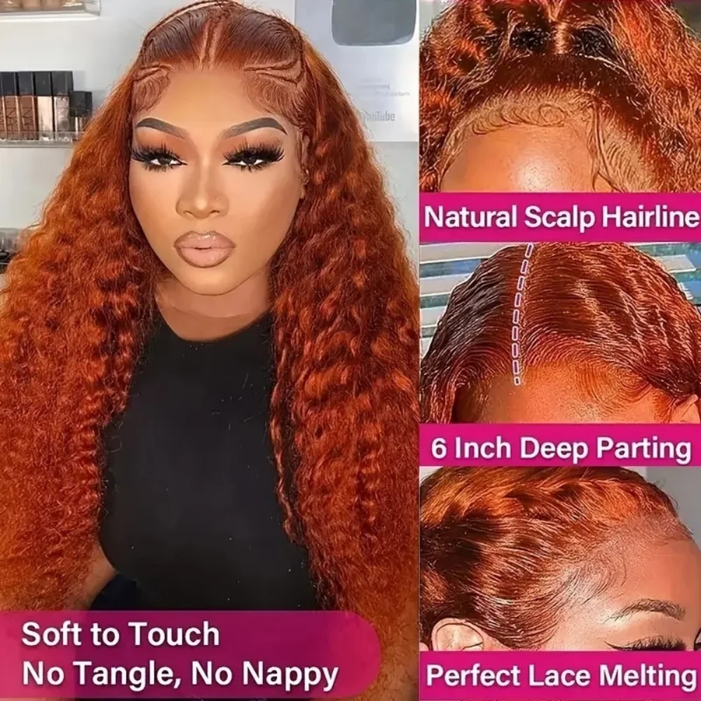 カーリーディープウェーブ13×6レースフロントウィッグ人毛透明ジンジャー生え際プレプラッキング済み220密度オレンジレースフロントウィッグ女性用350