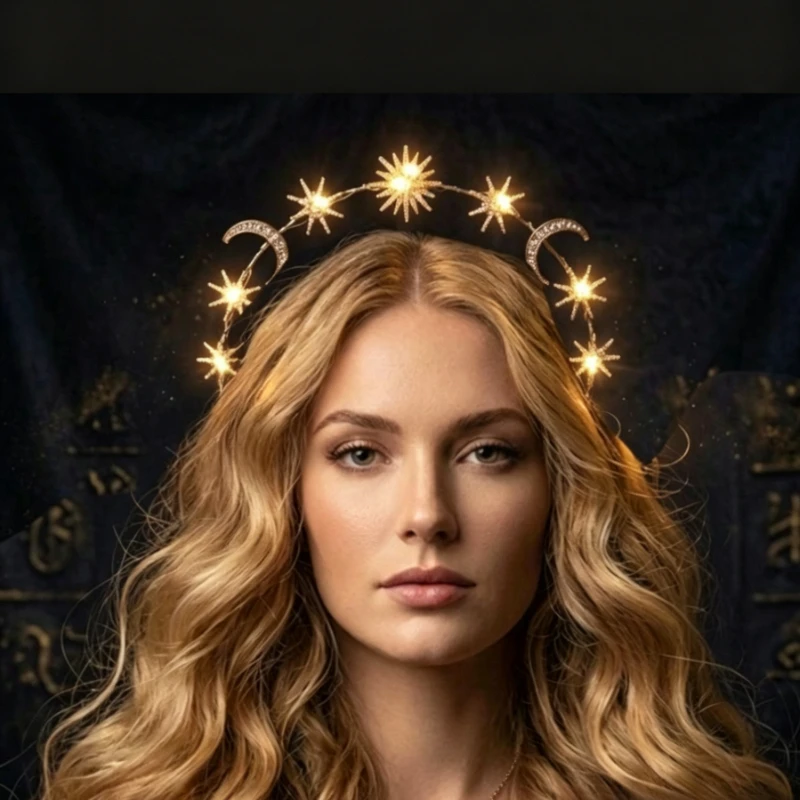 Star Moon Rhinestone Halo Crown, LED Glow Crystal Celestial Headband for Women Wedding Rave Halloween Bridal  Celestial Hair - view 6