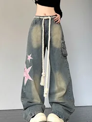 Women Fashion Wide Leg Baggy Jeans Streetwear Vintage Baggy Denim Pants Lady Korean Retro Patchwork Red Heart Oversized Trousers