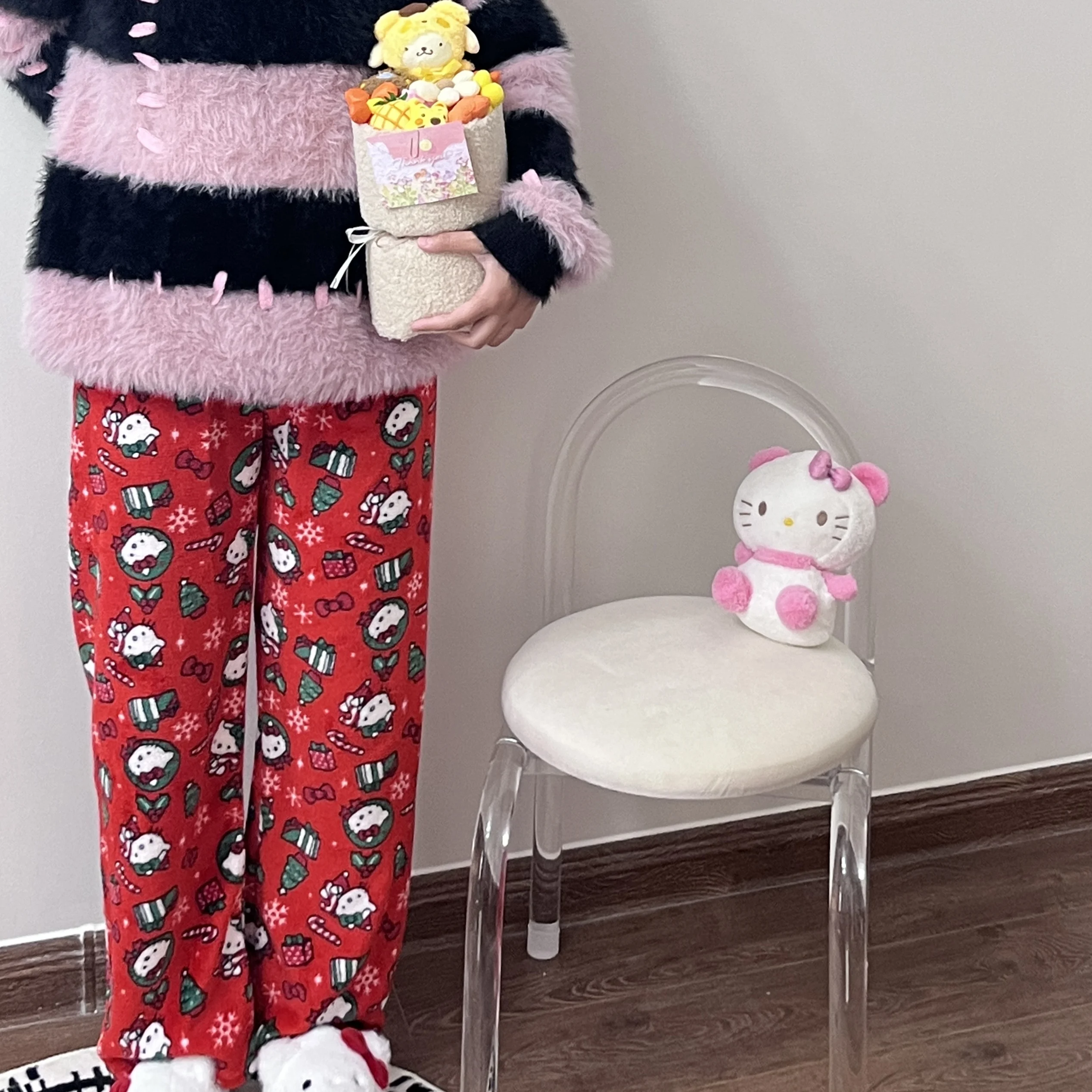 sanrio Halloween Christmas tree design hello kitty Flannel pajama pants women Autumn warm casual homewear trousers Graffiti pant