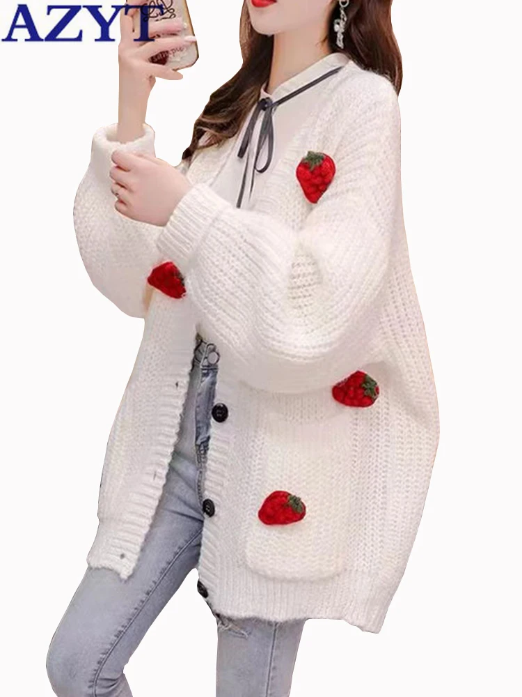 

AZYT Autumn Winter Women's Sweater Cardigan Strawberry V Neck Loose Sweater Coats For Women 2022 New Casual Knit Cardigan Female