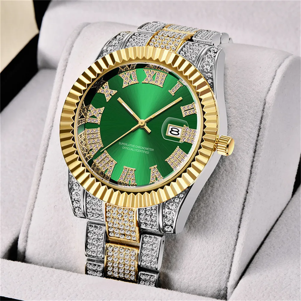 Relogio Masculino Men Brand Hip Hop Diamond Fashion Alloy Band Golden Date Luxury Watch sss Supply Montres de Marque de Luxe Hot