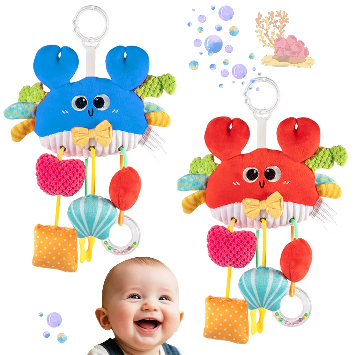 ألعاب مقعد السيارة للأطفال، لعبة سرطان البحر المعلقة مع مشبك وخشخيشات، لعبة مريحة للرضع، مثالية للنزهات، وقت البطن #3