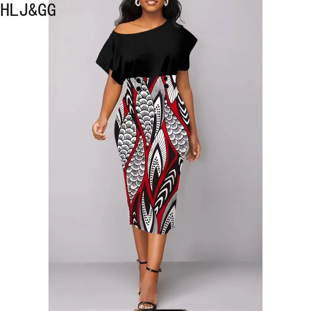 

HLJ&GG Elegant Lady Printing Slim Knee Dress Women Round Neck Short Sleeve Bodycon Vestidos Fashion Female OL Matching Clothing